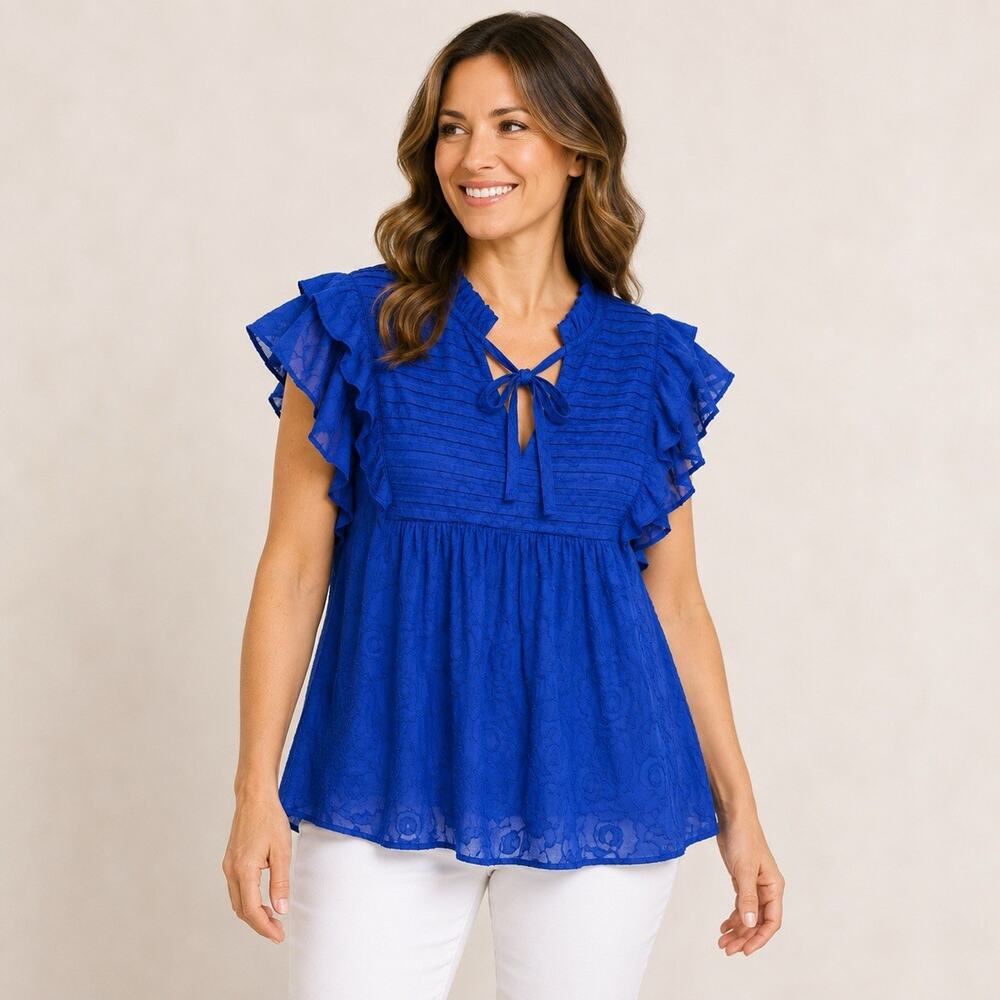 Farmers Market Flounce Sleeve Top Medium Ultramarine Blue Cotton Cottagecore NWT
